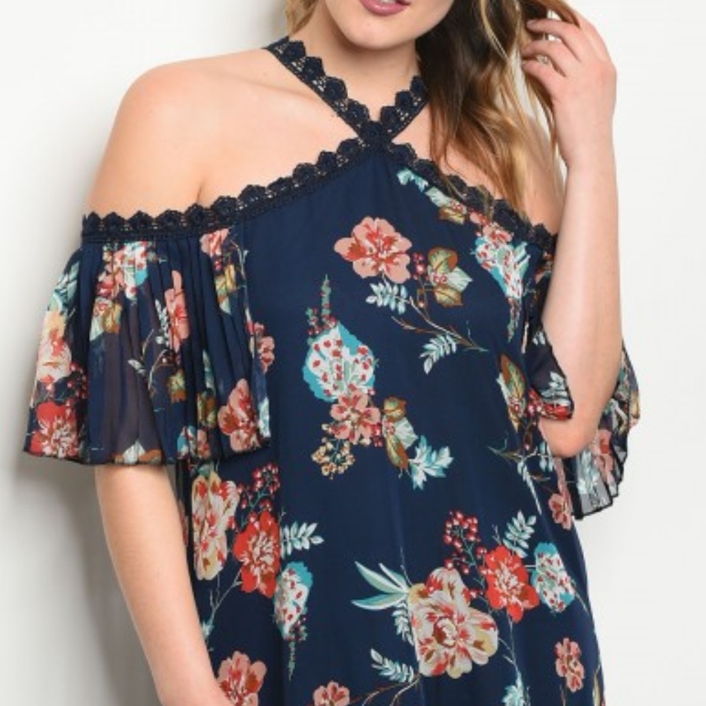 CURVE PLUS SIZE CURVY 🇺🇸 NAVY BLUE FLORAL DRESS - Picture 3 of 4